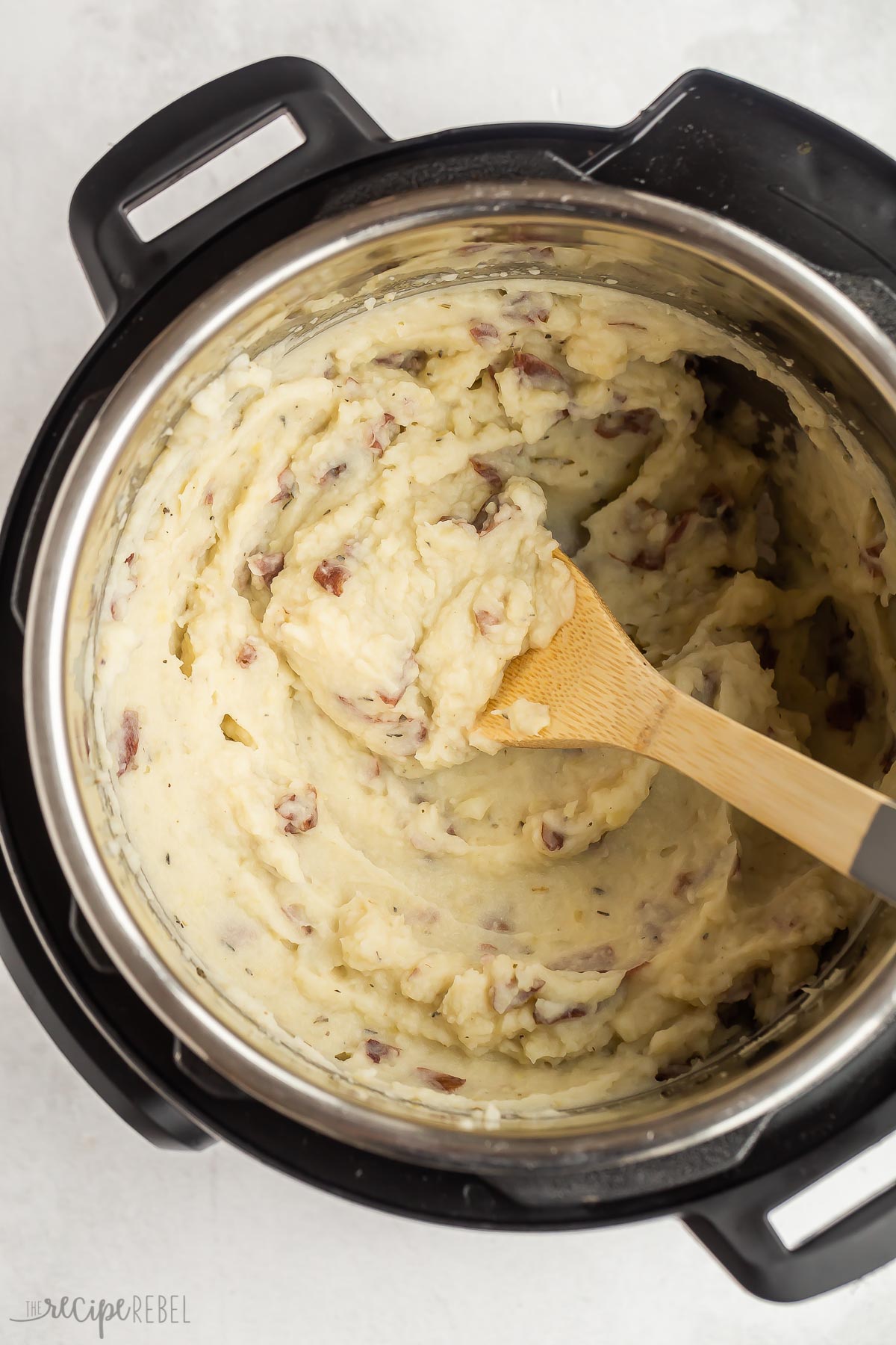 overhead image of mashed potatoes in instant pot.
