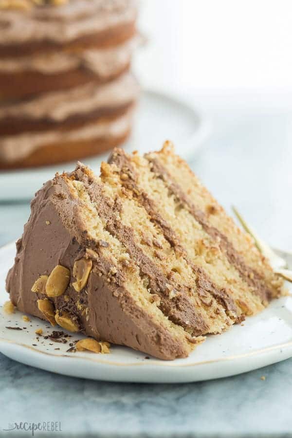 slice of peanut butter cake on a white plate on a marble background