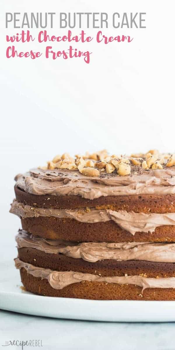 4 layer peanut butter cake with chocolate frosting on plate with pink text