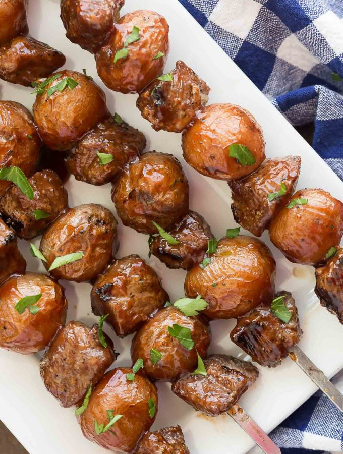 These BBQ Steak and Potatoes Skewers are a quick, weeknight meal for the grill! The microwave makes these steak kabobs come together even quicker, and the homemade spice rub and barbecue sauce gives them so much incredible flavour!
