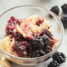 blackberry cobbler in a glass bowl