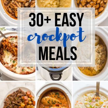 collage image with different slow cooker recipes for easy crockpot meals round up