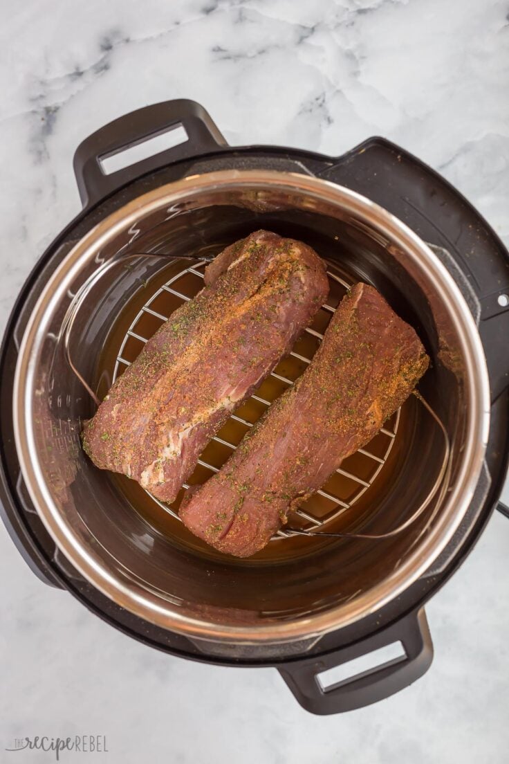 uncooked pork tenderloin on trivet in instant pot