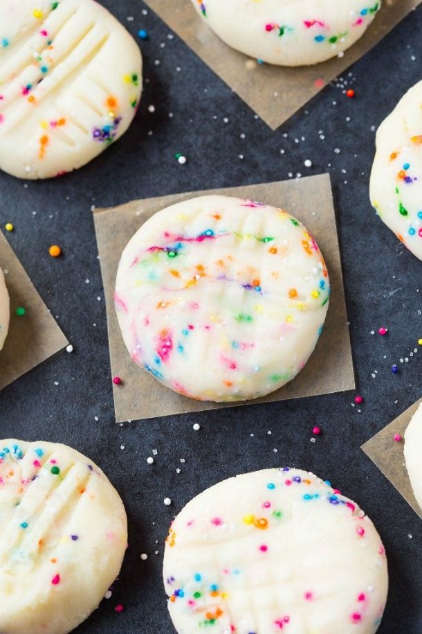 healthy no bake unicorn cookies overhead with sprinkles