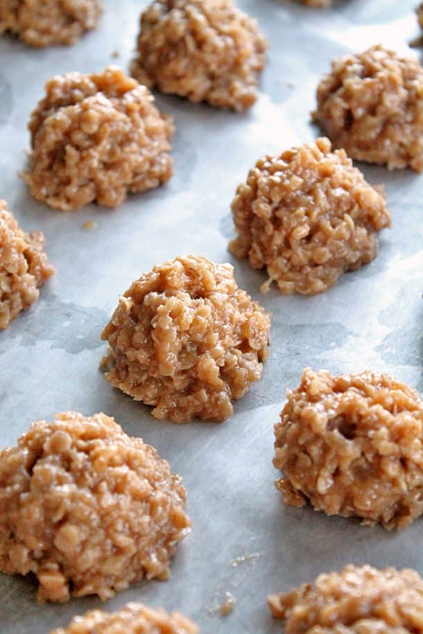 blondie no bake cookies in rounds on a piece of parchment paper