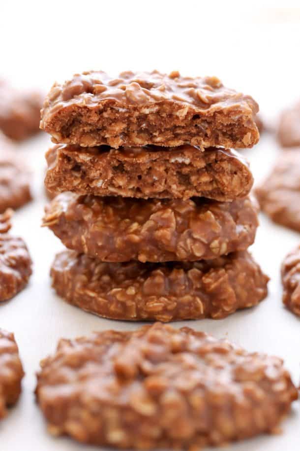 classic no bake cookies stack of four close up on white background