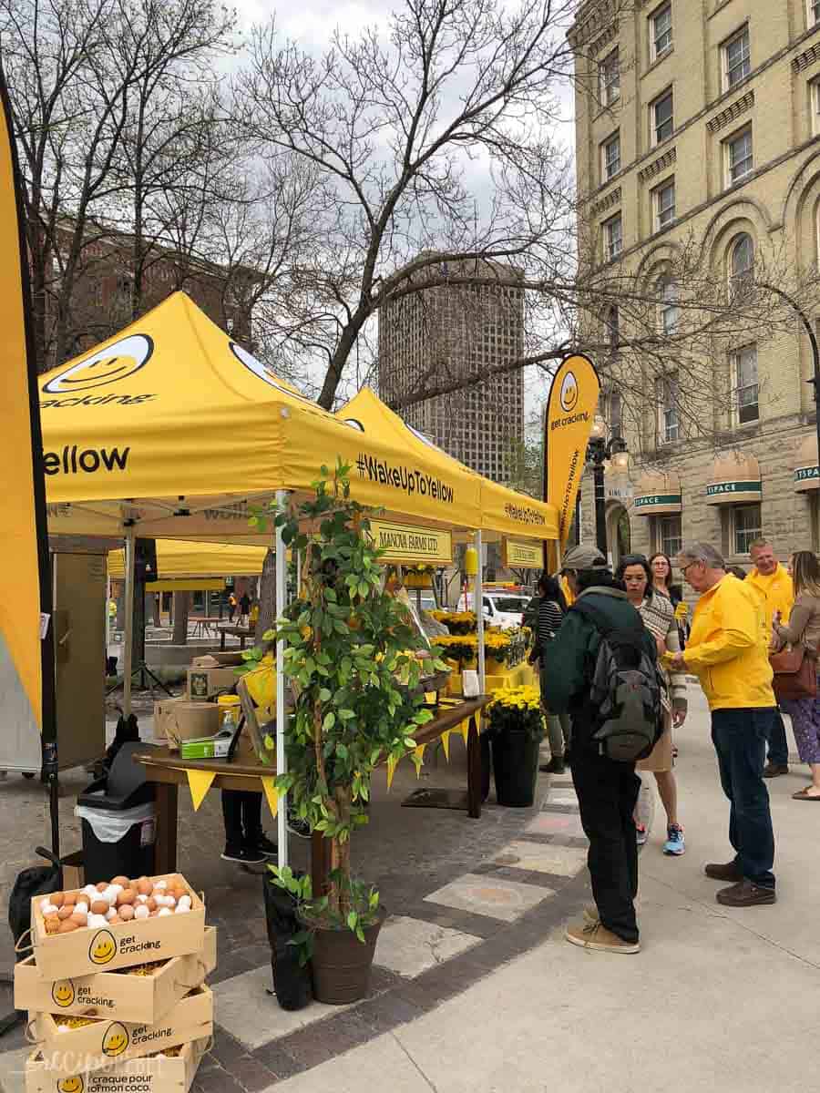 wake up to yellow tent downtown winnipeg manitoba with people standing around