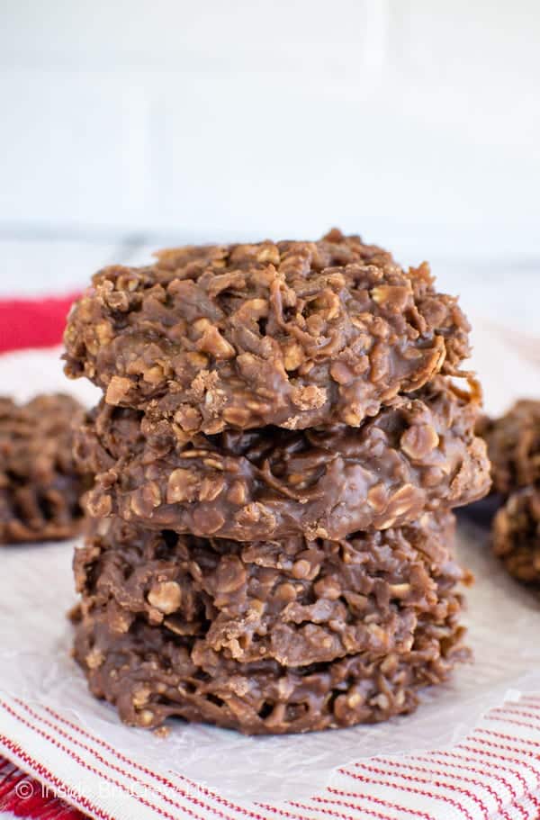 nutella no bake cookies stack of four on red and white napkin