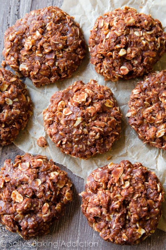 peanut butter no bake cookies overhead on crumpled piece of parchment paper