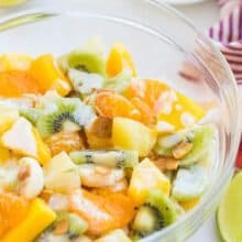 hawaiian fruit salad in a bowl side angle