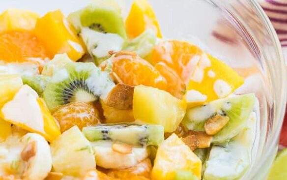 hawaiian fruit salad in a bowl side angle