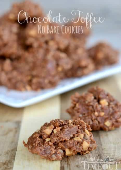 chocolate toffee no bake cookies up close with plate of cookies in the background