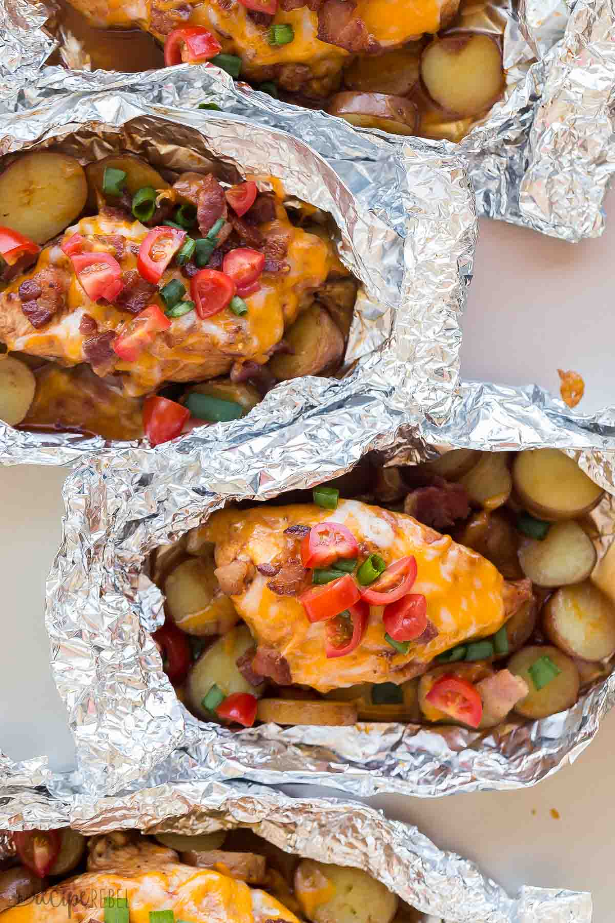 monterey chicken foil packs overhead on sheet pan