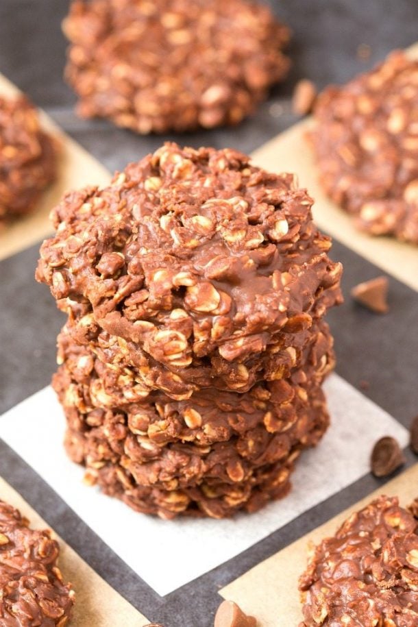 no bake chocolate peanut butter oatmeal cookies stack