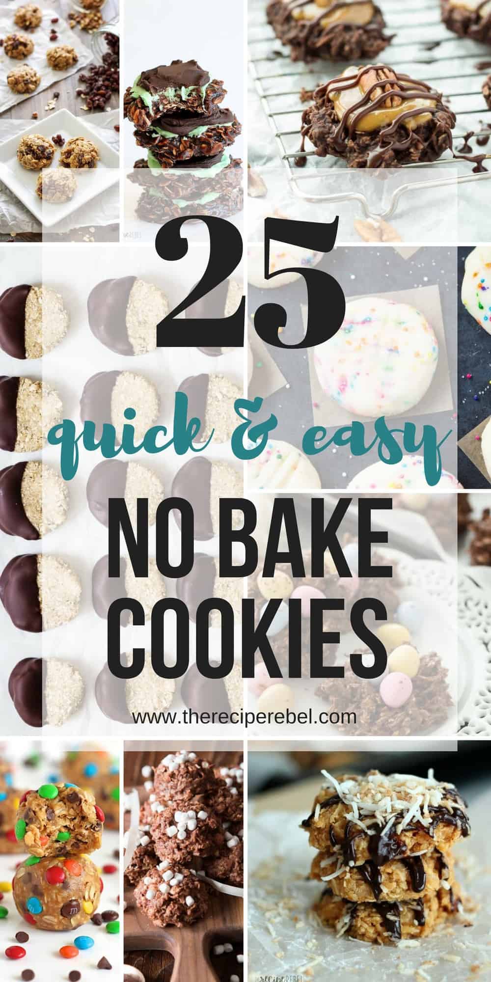These No Bake Cookies recipes are all you need for summer! They are quick, easy, and no need to turn on the oven when the sun is shining! No Bake Oatmeal Cookies, No Bake Peanut Butter Cookies, Chocolate No Bake Cookies.... they're all here, plus a few new twists like mint chocolate and toasted coconut. All the easy no bake cookies you need! #NOBAKE #nobakecookies #cookie #cookies #recipe #easy #dessert #baking no bake cookie recipes collage with multiple images and text