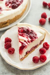 no bake raspberry cheesecake slice on a plate