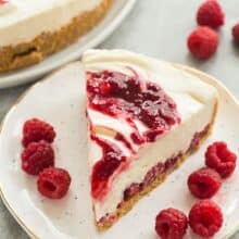 no bake raspberry cheesecake slice on a plate