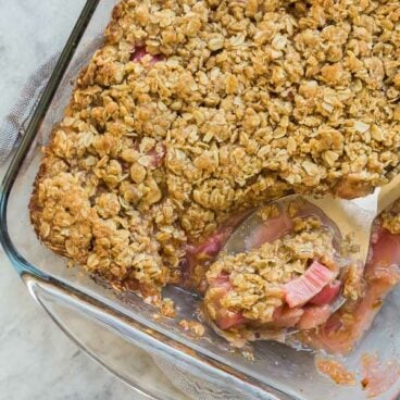 rhubarb crisp in a glass pan overhead