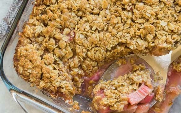 rhubarb crisp in a glass pan overhead