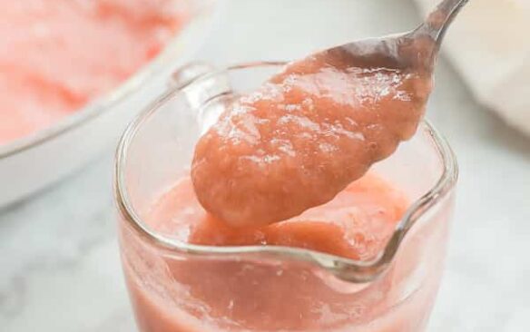 This Rhubarb Sauce Recipe is a quick, easy way to make the most of that Spring rhubarb! It's tart and sweet and perfect over ice cream, cake, vanilla yogurt or pancakes for breakfast. Includes variations: strawberry rhubarb sauce, blueberry, and more. With step by step RECIPE VIDEO you can follow along.