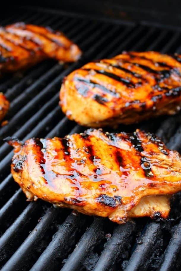 brown sugar balsamic grilled chicken breasts on the grill