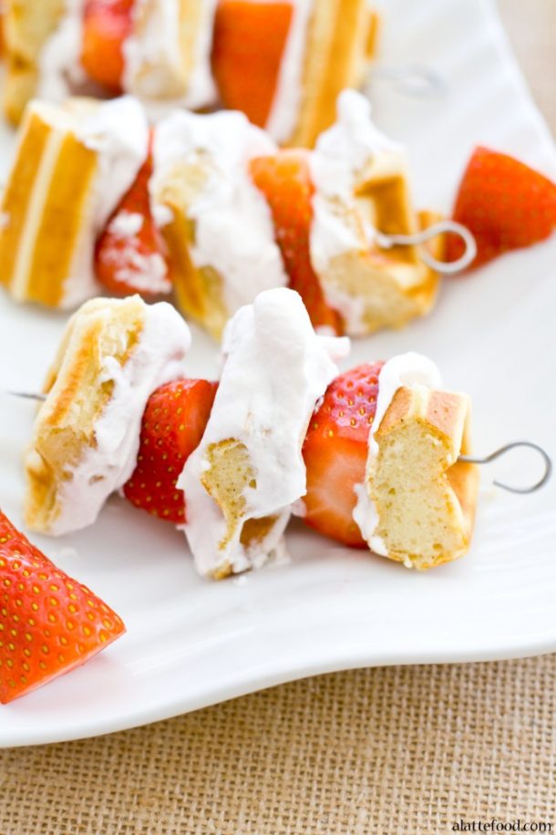 All kinds of kabob recipes for summer grilling! Chicken kabobs, shrimp kabobs, steak kabobs, and dessert kabobs! Because food on a stick is more fun ;) shortcake waffle kabobs with waffle pieces fresh strawberries and whipped cream