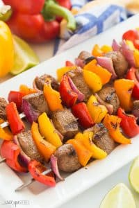 steak kabobs with peppers on a plate