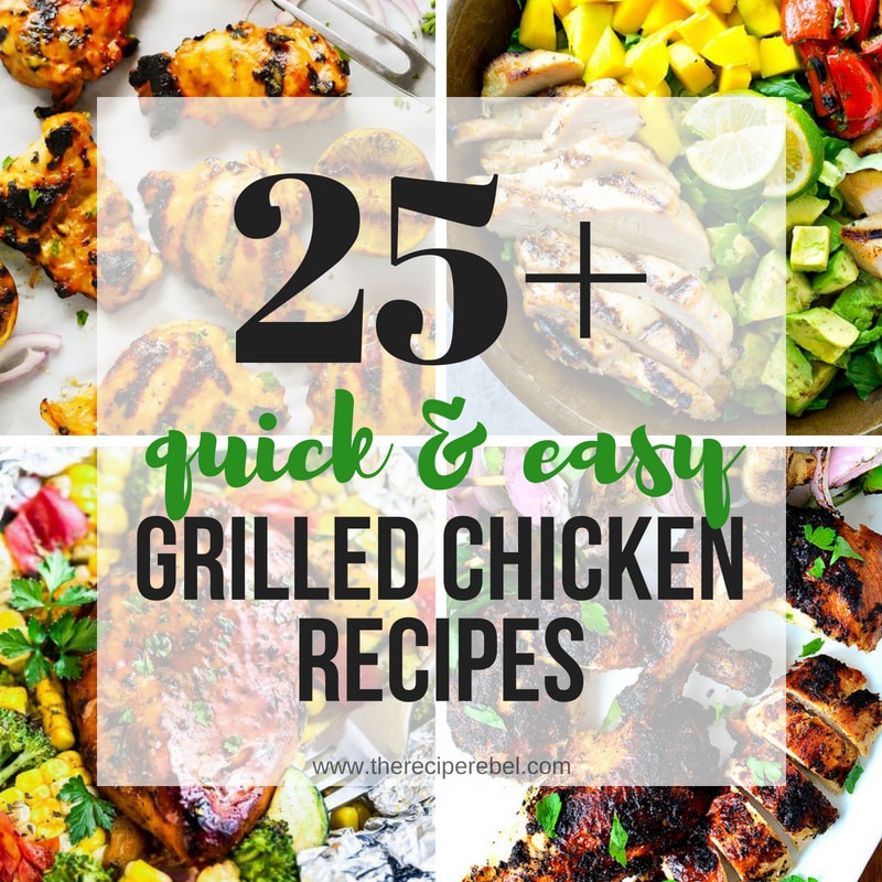 grilled chicken recipes collage with multiple images and title in black and green text
