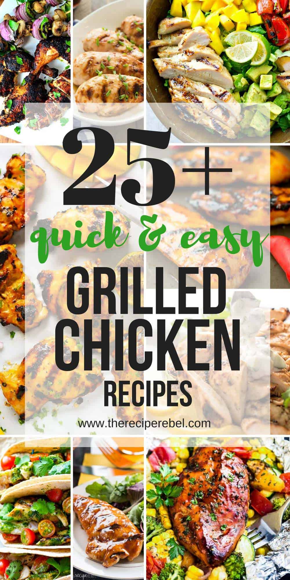 grilled chicken recipes collage with multiple images and title in black and green text
