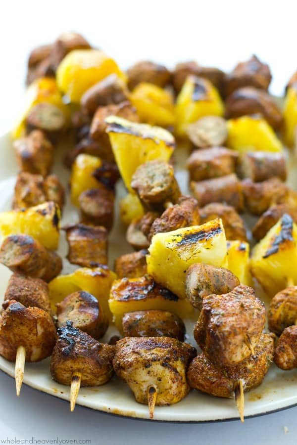 All kinds of kabob recipes for summer grilling! Chicken kabobs, shrimp kabobs, steak kabobs, and dessert kabobs! Because food on a stick is more fun ;) jerk chicken pineapple sausage kabobs