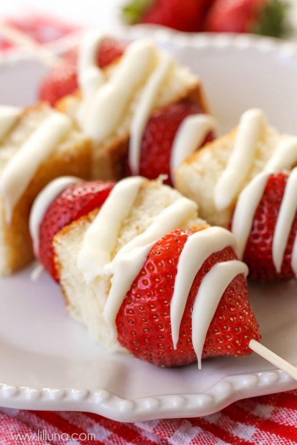 All kinds of kabob recipes for summer grilling! Chicken kabobs, shrimp kabobs, steak kabobs, and dessert kabobs! Because food on a stick is more fun ;) strawberry shortcake kabobs with cake pieces and fresh strawberriees