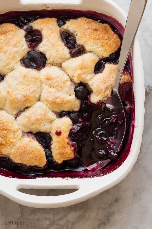 cherry cobbler overhead close up image of cherry cobbler filling