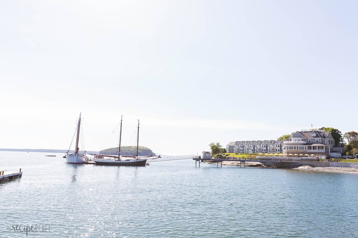 bar harbor waterfront maine with sailboats and hotel