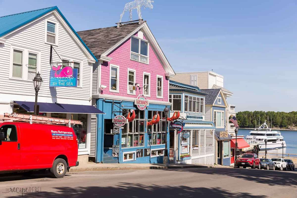 bar harbor main street maine and view of geddy's restaurant