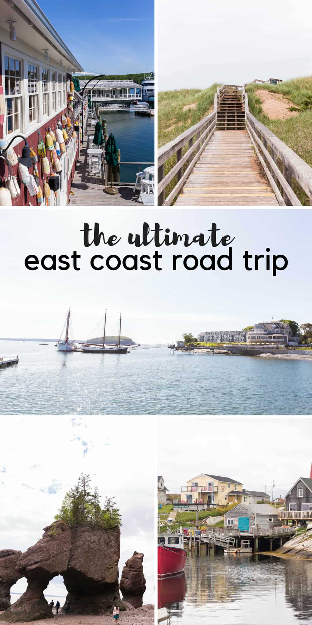 How to plan an East Coast Road Trip with kids! Where we went, what we did well, and what we would change. Plus our favorite road trip snacks and and the best road trip activities! Including: Halifax, Nova Scotia; PEI; Hopewell Rocks; Bar Harbor, Maine; Ogunquit, Maine; Brownsville, Vermont. #barharbor #maine #east #eastcoast #roadtrip #travel #travelling #travellingwithkids east coast road trip with kids collage with multiple images and title