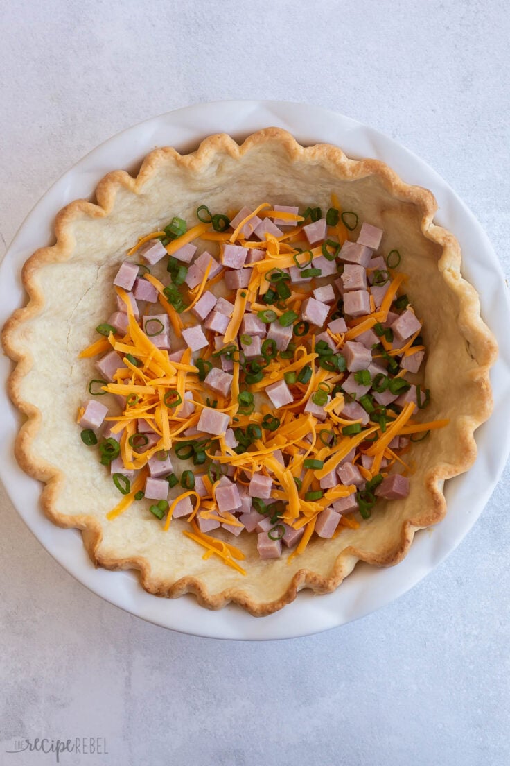 ham cheese and green onions in blind baked pie crust
