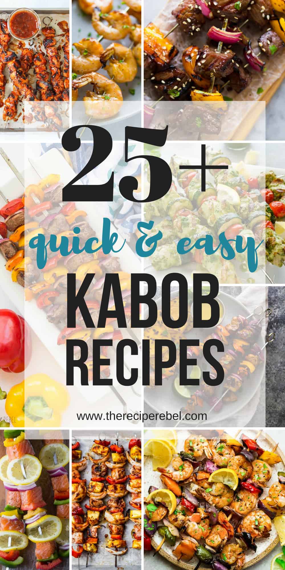 kabob recipes collage for pinteres with multiple images and a title with black and blue text