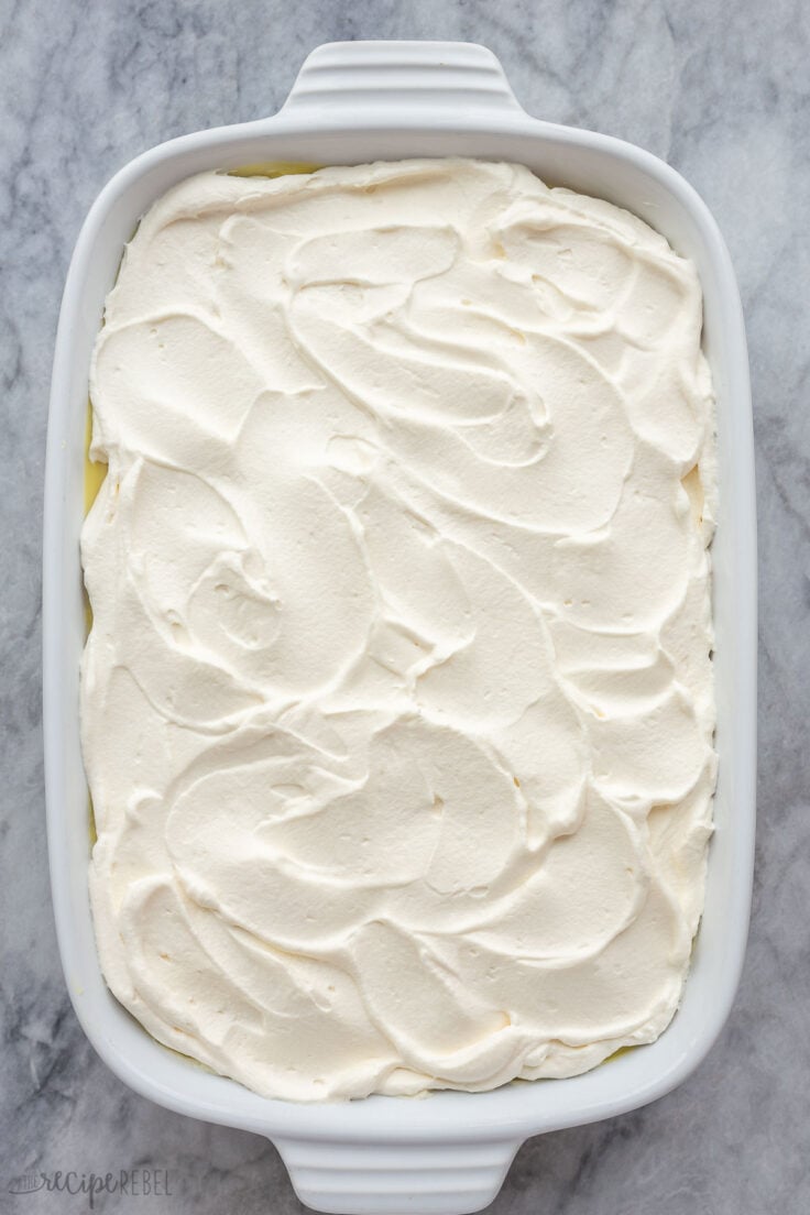 overhead image of lemon lush with whipped cream on top