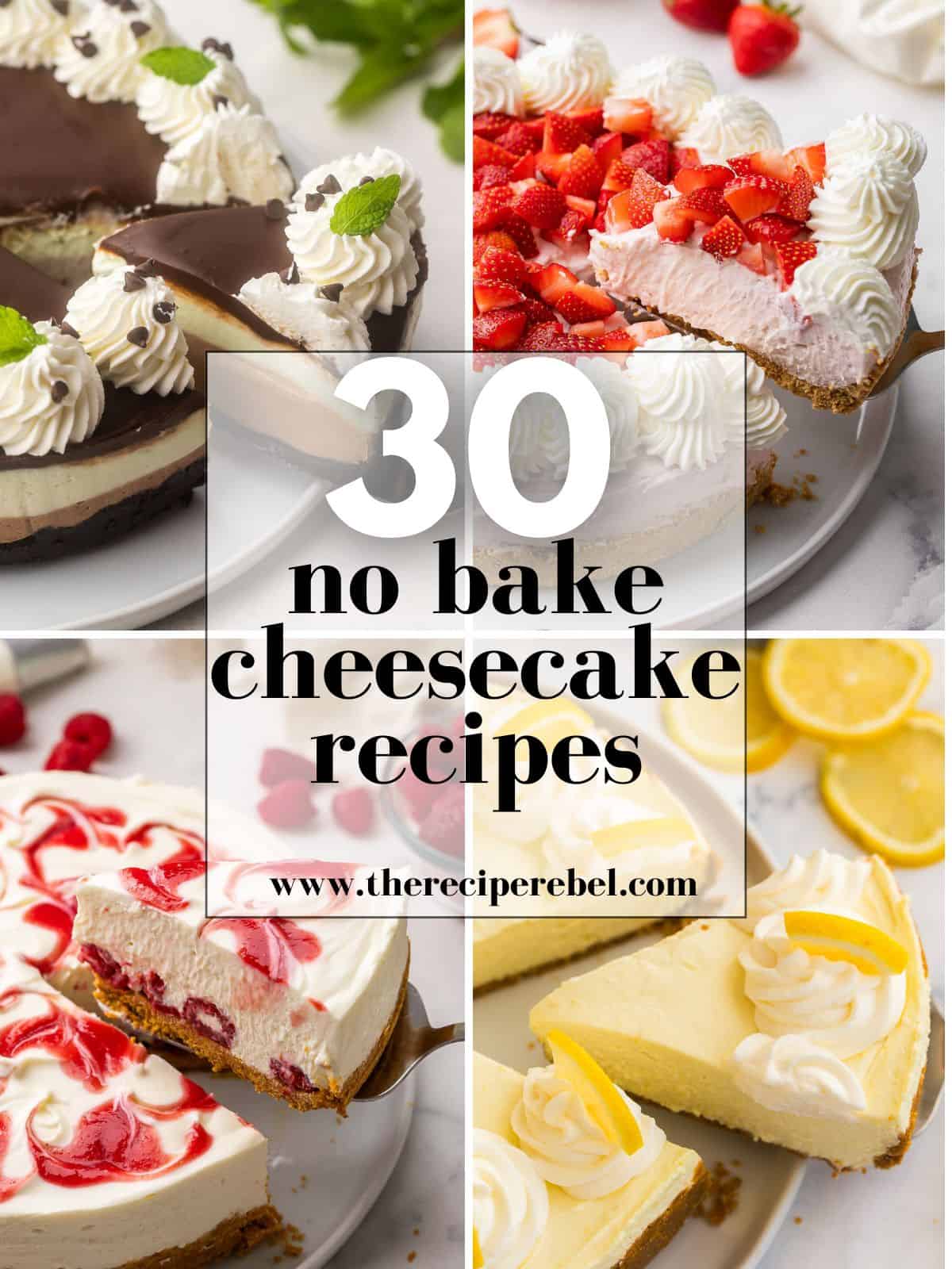 square collage of no bake cheesecake recipe images with text overlay.