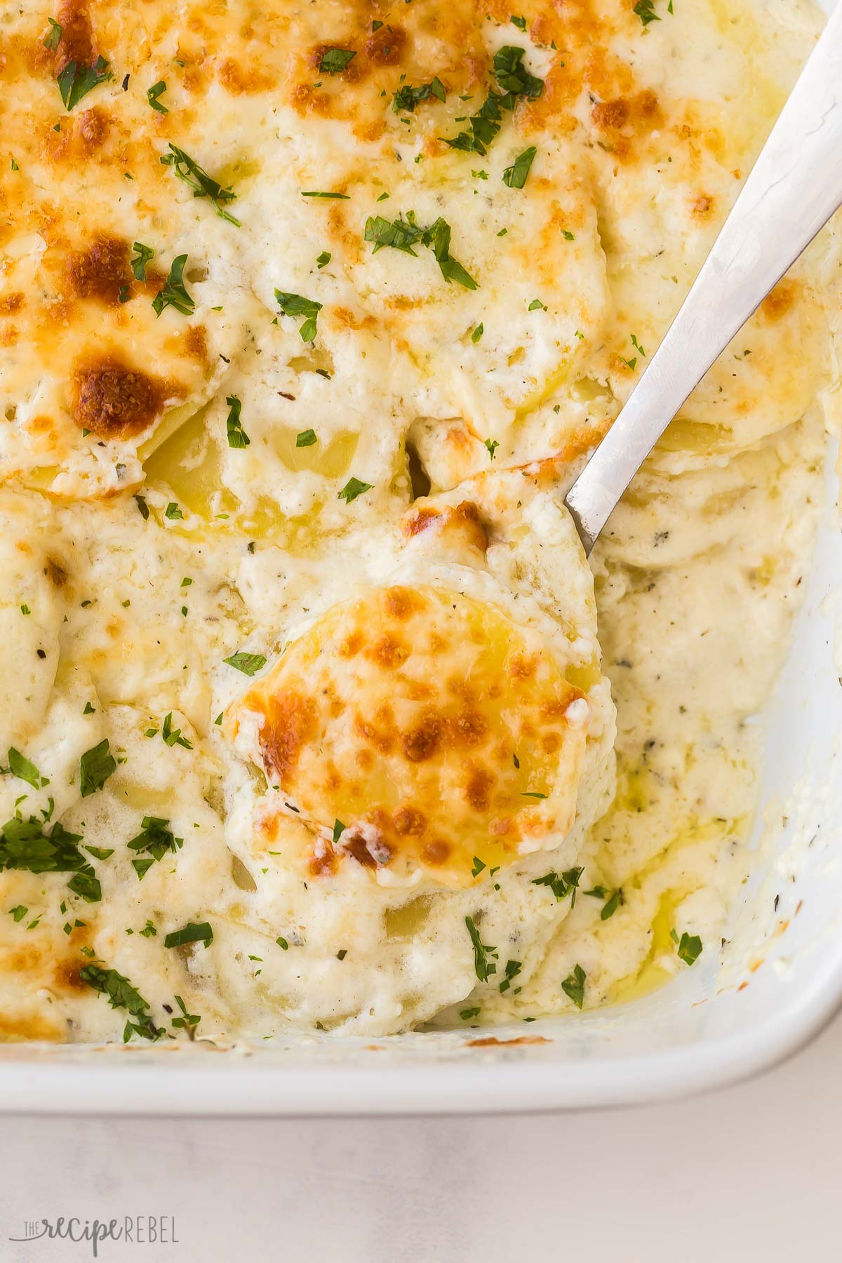 close up image of scalloped potatoes on a serving spoon