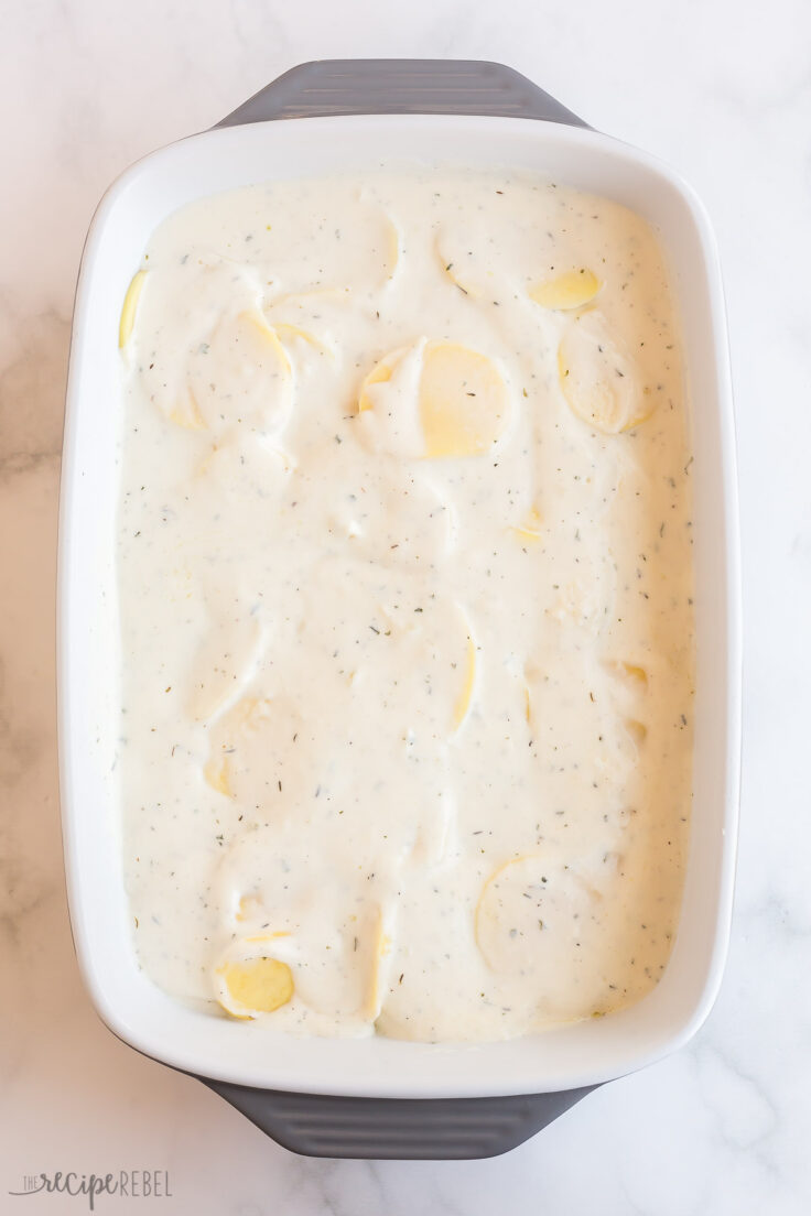 sauce poured over potato slices in baking dish