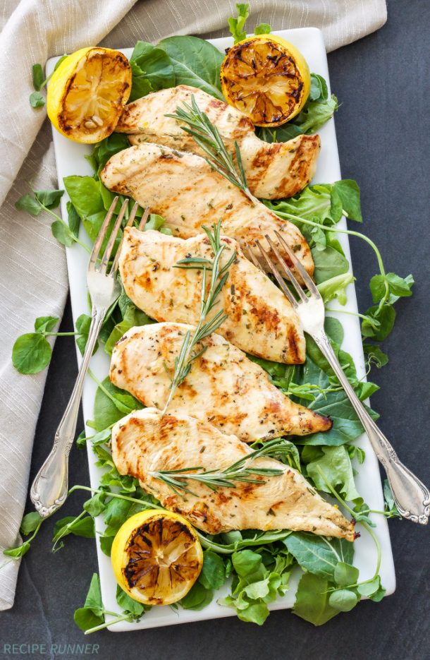 lemon rosemary grilled chicken breasts on white plate with two forks on the side and grilled lemon halves