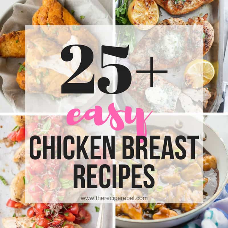 chicken breast recipes fb collage with four images and a title in black and pink text