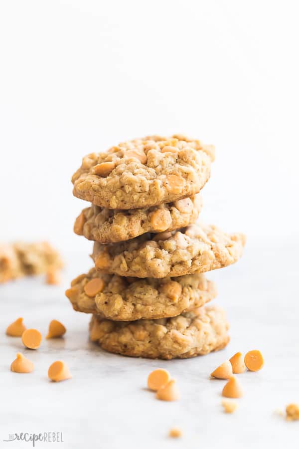 oatmeal butterscotch cookies stack of 5 cookies on a white background