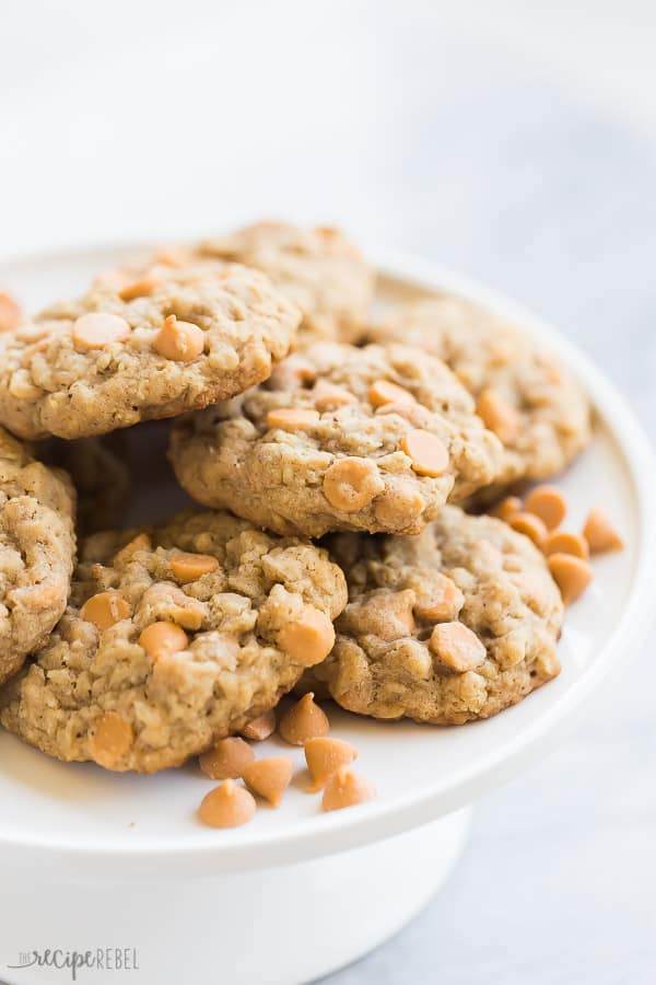 oatmeal butterscotch cookies on white tray with extra butterscotch cookies on the plate