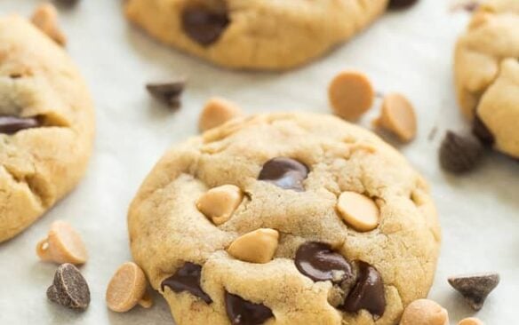 These Peanut Butter Chocolate Chip Cookies are a family favorite! They're soft and chewy and never fluffy! Loaded with chocolate chips and peanut butter chips, they are sure to please the Reese's peanut butter cups lovers in your house! Includes step by step recipe video!