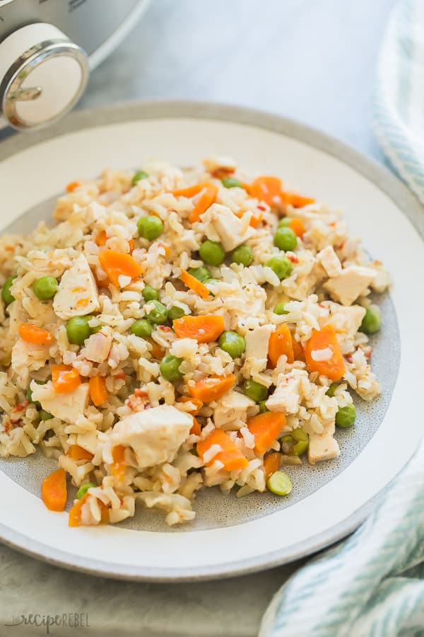 slow cooker chicken and rice on grey plate close up with blue striped towel on the side