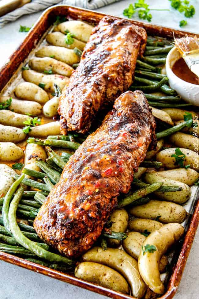chili dijon pork tenderloin on a sheet pan with fingerling potatoes and green beans