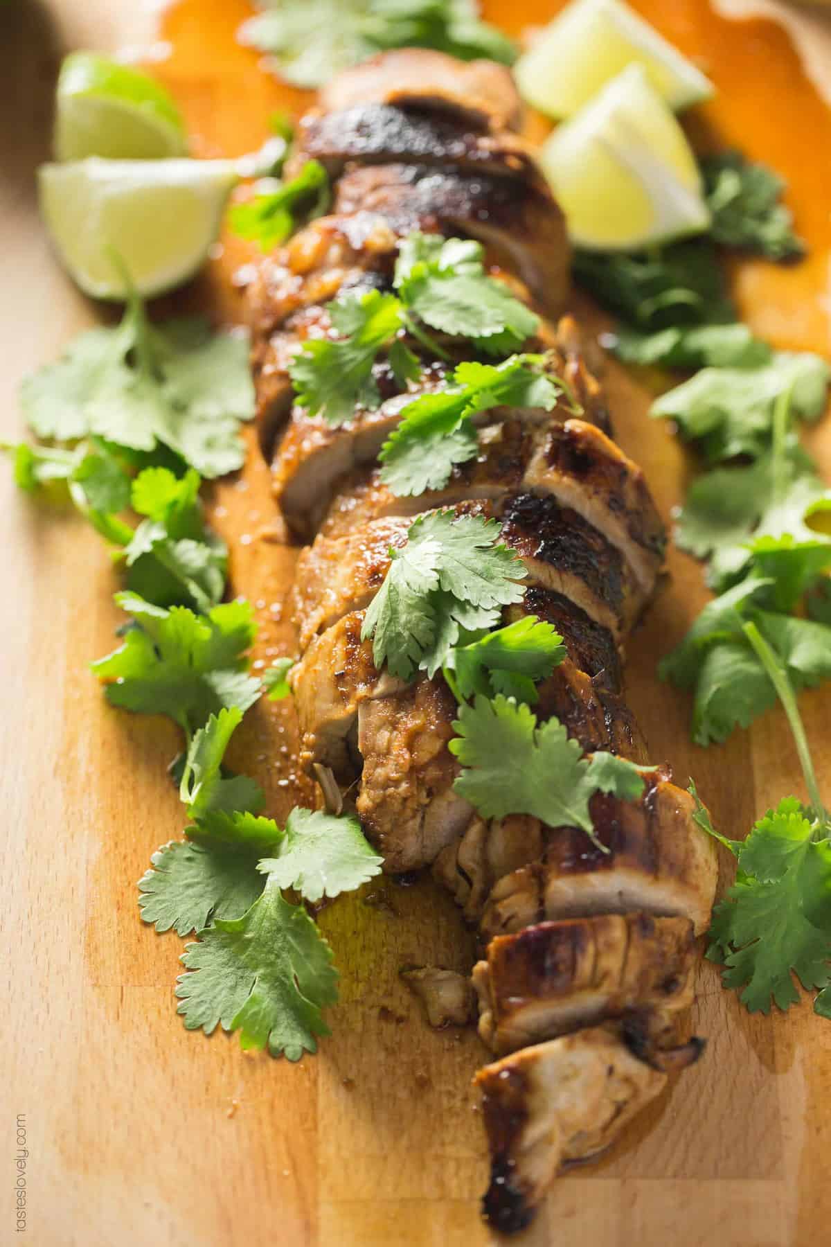 chipotle honey lime pork tenderloin with lots of fresh cilantro on top