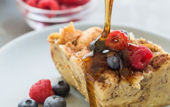crockpot french toast with syrup drizzle